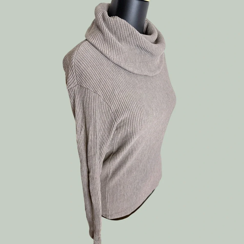 Rachel Zoe Cowl Neck Sweater Womens Small Taupe Ribbed‎ Knit Long Sleeve Top